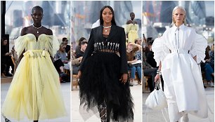 „Alexander McQueen“ 2022 m. pavasario ir vasaros kolekcijos modeliai: centre – Naomi Campbell