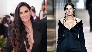 Demi Moore 2019 m. (kairėje) ir „Fendi“ kolekcijos pristatyme (dešinėje)