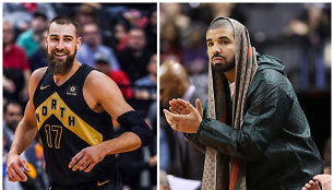 Jonas Valančiūnas ir reperis Drake'as Toronto „Raptors“ varžybose