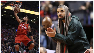 Jonas Valančiūnas ir reperis Drake'as Toronto „Raptors“ varžybose