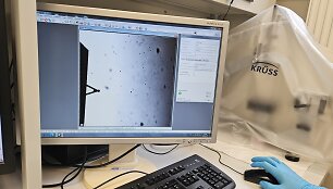 Atominių jėgų mikroskopo užapvalinta adatėle, kompiuterio ekrane i&scaron;didinta &scaron;imtus tūkstančių kartų