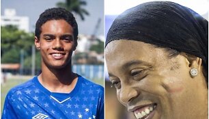 Ronaldinho (de&scaron;inėje) sūnus Joao Mendesas seka tėvo pėdomis.