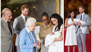 Princas Philipas, princas Harry, karalienė Elizabeth II, ant rankų pirmagimį Archie Harrisoną Mountbatteną-Windsorą laikanti Sasekso hercogienė Meghan Markle ir jos mama Doria Ragland