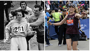 Kathrine Switzer bėga Bostono maratone 1967 ir 2017 m.