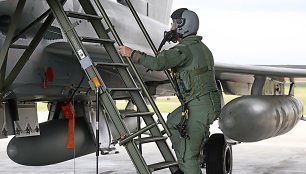 NATO vadovas Jensas Stoltenbergas sėdo prie naikintuvo „Eurofighter“ šturvalo