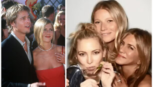 Jennifer Aniston su Bradu Pittu 2000 metais ir draugėmis Kate Hudson bei Gwyneth Paltrow per savo gimtadienio vakarėlį