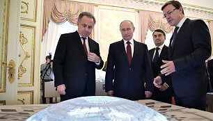 V.Mutko (kairėje) pristato V.Putinui pasirengimą pasaulio futbolo čempionatui.