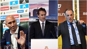 Rubialesas (kairėje), Lopetegui (viduryje), Tebas (de&scaron;inėje)