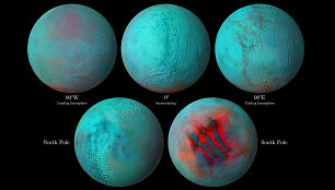 Infraraudonojo spektro „Cassini“ zondo nuotraukose matoma, kad šviežio ledo Encelade yra ne tik ties pietiniu, bet ir ties šiauriniu ašigaliu