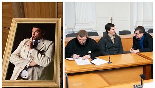 Teismas Vilniuje mėgina įsiklausyti į mirusio humoristo V.Cololo argumentus „Zero show“ reklamos byloje; akimirka iš bylos nagrinėjimo. Nuotraukoje: Mindaugas Papinigis (viduryje) ir Emilis Vėlyvis (dešinėje)