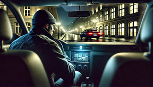 DALL·E 2024-10-26 22.23.31 - A realistic, horizontal illustration of a Lithuanian criminal intelligence officer in plain clothes, seated on the back seat of an unmarked car, obser