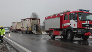 Kėdainių rajone, kelyje VIA BALTICA teis Nociūnų kaimu, užsidegė vilkiko, vežusio gyvūnus, padanga
