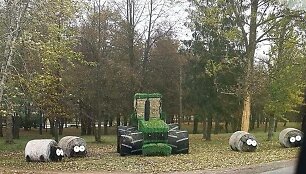 Pakelėje i&scaron; &scaron;iaudų suformuotos karvutės ir didžiulis traktorius