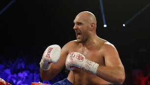 Tysonas Fury ir Tomas Schwarzas bei jų dvikova Las Vegase.