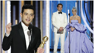 Rami Malekas ir Bradley Cooperis su Lady Gaga