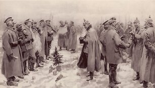 Britų ir vokiečių kariai susitinka per neoficialias kalėdines paliaubas 1914 m. fronte