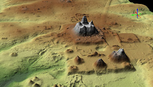 LiDAR 3D vaizdas, kuriame matomas piramidės formos statinių kompleksas