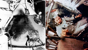 „Apollo 1“ komandinis modulis po tragedijos ir Frankas Bormanas Mėnulio orbitoje
