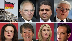 Reichstago vėliava, Finansų ministras Wolfgangas Schaeuble, socialdemokratų lyderis (SPD) Sigmaras Gabrielis, SPD parlamentinės grupės vadovas Frankas-Walteris Steinmeieris ir SPD  generalinė sekretorė Andrea Nahles, SPD iždininkė Barbara Hendricks, SPD pirmininko pavaduotoja Manuela Schwesig bei SP
