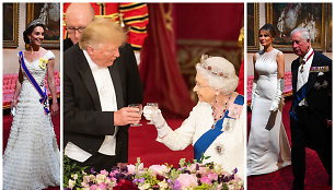 Hercogienė Catherine, karalienė Elizabeth II ir JAV prezidentas Donaldas Trumpas, Melania Trump ir princas Charlesas