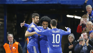 „Chelsea“ žaidėjai: Diego Costa, Willianas ir Edenas Hazardas