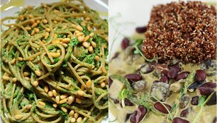 Vegani&scaron;ki makaronai su &scaron;pinatų padažu ir žaliasis daržovių karis su bolivine balanda 