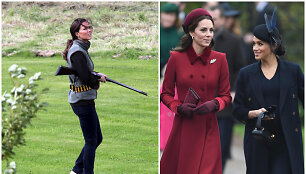 Kembridžo hercogienė Catherine per medžioklę 2009 metais ir kartu su Sasekso hercogiene Meghan per 2018-ųjų Kalėdas