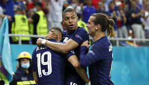 K.Benzema, K.Mbappe ir A.Griezmannas – Prancūzijos puolimo žvaigždžių trejetas.