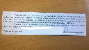 Pranešimas, kurio sulaukė Žiežmarių mokyklos-darželio „Vaikystės dvaras“ mokinių tėveliai