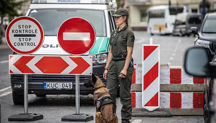 Valstybės sienos apsaugos tarnybos kinologė prieš NATO viršūnių susitikimą nuo sprogmenų tikrina įvažiavimą į Vilniaus senamiestį