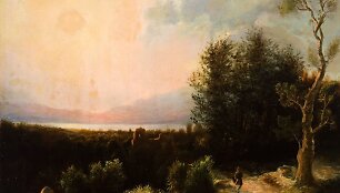 Tadas Jančevskis (1848‒po 1867). Vakaro peizažas su griuvėsiais mi&scaron;ke. 1866. Drobė, aliejus