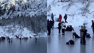 Turistai ant plono ežero ledo Tatruose