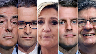 F.Fillonas, B.Hamonas, M.Le Pen, E.Macronas ir J.L.Melenchonas (iš kairės)