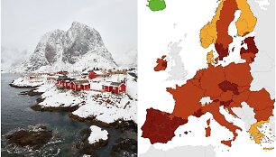 Norvegija žiemą ir ECDC žemėlapis, paskelbtas sausio 21 d.