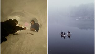 Originalios jaunuolių pramogos: dydžiu stebinantis iglu ir plaustai ant beuž&scaron;ąlančio tvenkinio