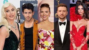 Lady Gaga, Nickas Jonas, Scarlett Johansson, Justinas Timberlake'as, Emily Ratajkowski 