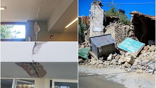 Sutrūkinėjusios viešbučio sienos ir vaizdas iš per žemės drebėjimą apgriautos Kretos