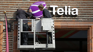 „TeliaSonera“ grupės logotipas ant parduotuvės Stokholme