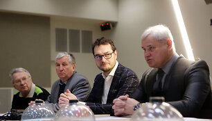 Spaudos konferencijoje pristatyti &scaron;viečiantys &bdquo;namukai&ldquo;, kuriuos miestelėnai per senamiestį ne&scaron; iki piliavietės.