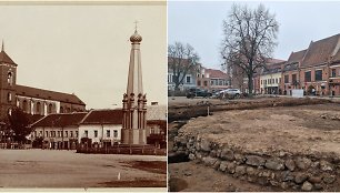 Kauno Rotušės aikštė 1912 metais ir atkasti obelisko pamatai šiandien