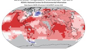 NOAA žemėlapis rodo, kur pasaulyje 2015-aisiais buvo &scaron;ilčiau ar vėsiau