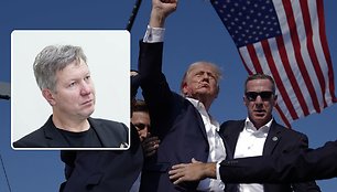 Algimantas Kasparavičius Donaldo Trumpo nuotraukos fone