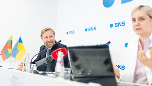 Olgos Karač ir jos advokato Ryčio Satkausko spaudos konferencija