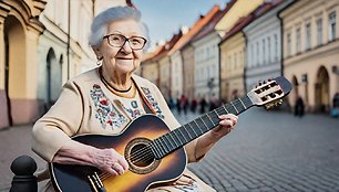 Dirbtiniu intelektu sugeneruota močiutė groja gitara Vilniaus senamiestyje