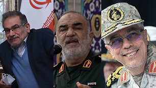 (i&scaron; kairės) Ali Shamkhani, Hoseinas Salami, Mohammadas Bageri