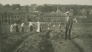 Lietuvių draugijos nukentėjusiems dėl karo &scaron;elpti daržai Paplaujos priemiestyje. Priekyje &ndash; agronomas Aleksandras Stulginskis. Aleksandra Jura&scaron;aitytė-Vailokaitienė, 1917 m.