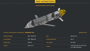 S8000 &bdquo;Banderol&ldquo; sparnuotosios raketos pie&scaron;inys su pagrindinėmis specifikacijomis. Ukrainos gynybos žvalgybos paveikslėlis