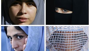 Musulmonių apdarai: hidžabas (kairėje viršuje), nikabas (dešinėje viršuje), čadra (kairėje apačioje) ir burka