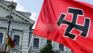 Lietuvių Nacionaldarbininkų Sąjūdžio vėliava su stilizuota svastika