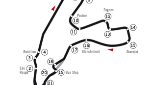 Spa-Francorchamps trasos žemėlapis &ndash; Eu Rouge posūkis pažymėtas numeriu 2. (Wikimedia)